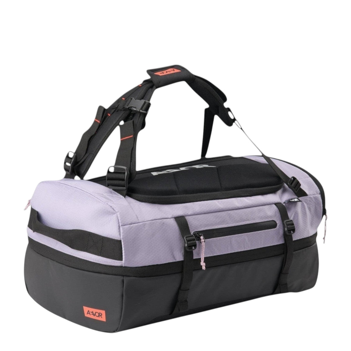 Lieblingstasche Duffel Pack in light purple and black with expandable storage and ergonomic carry straps