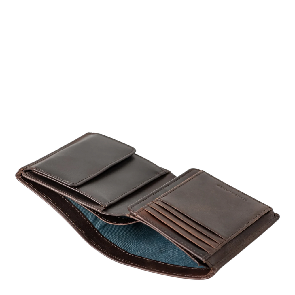 Lieblingstasche Duke brown leather wallet with multiple card slots and a coin pocket, open view