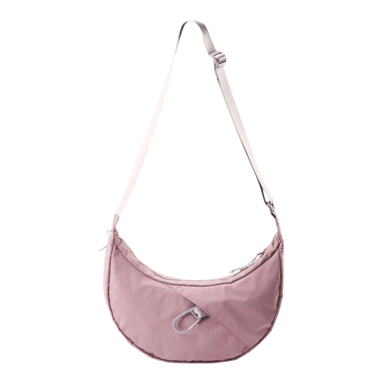Lieblingstasche dusty pink crescent-shaped nylon sling bag with an adjustable strap and silver carabiner detail