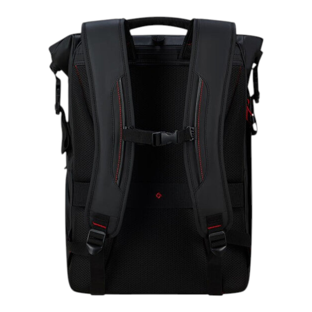 Lieblingstasche Ecodiver Rolltop Backpack L, black, with padded straps and red stitching.