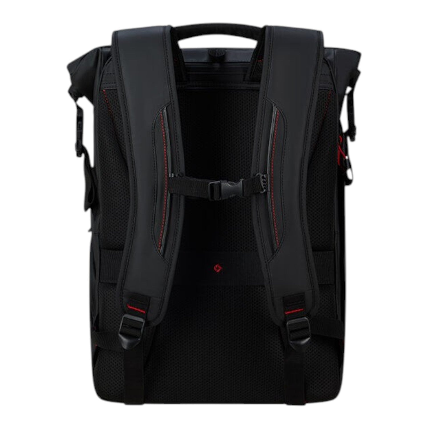 Lieblingstasche Ecodiver Rolltop Backpack L, black, with padded straps and red stitching.