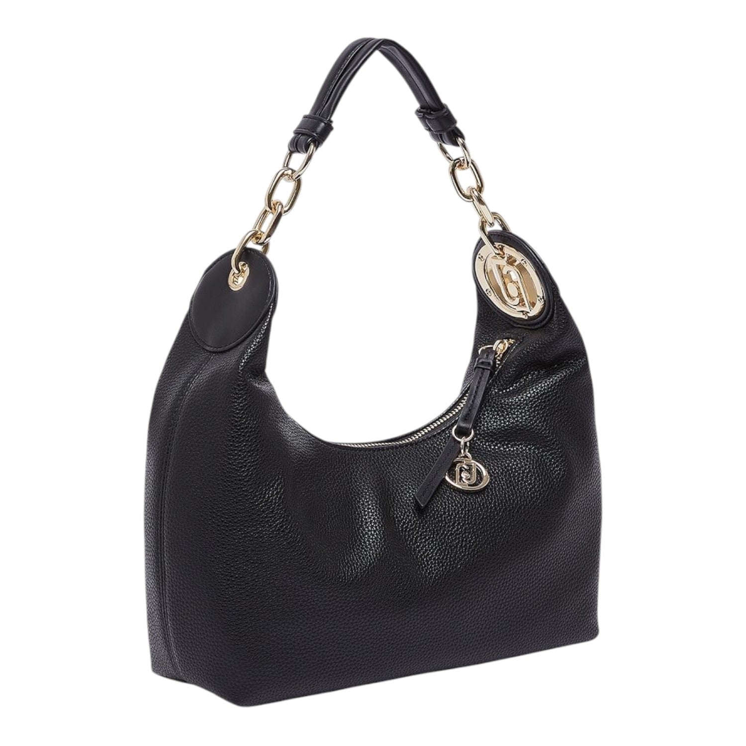 Lieblingstasche ECS Hobo S black pebbled leather shoulder bag with gold chain strap and logo charm