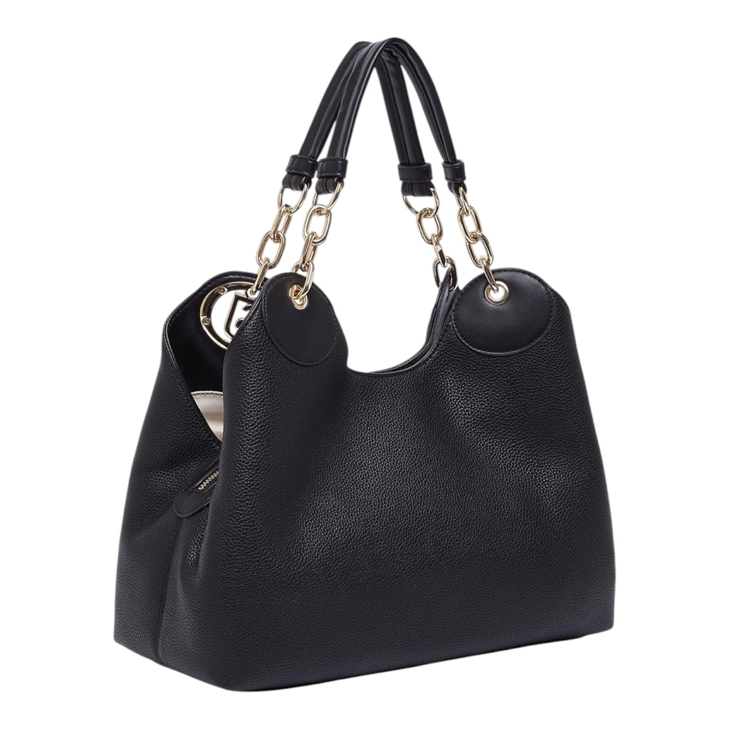 Lieblingstasche ECS Satchel M in black pebbled leather with gold chain link handles and side view