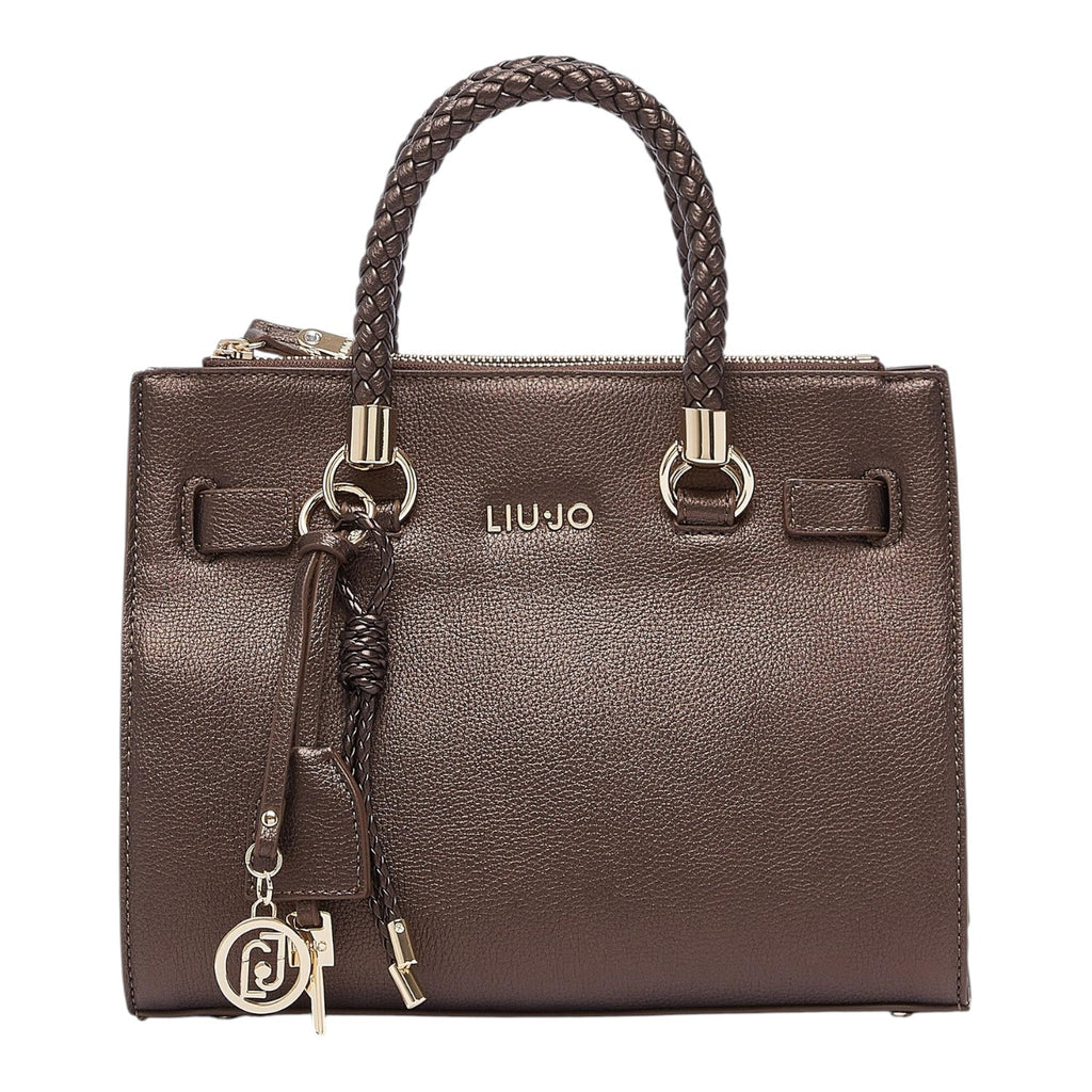 Lieblingstasche ECS Satchel S in dark brown faux leather with a braided top handle and gold-tone logo charm