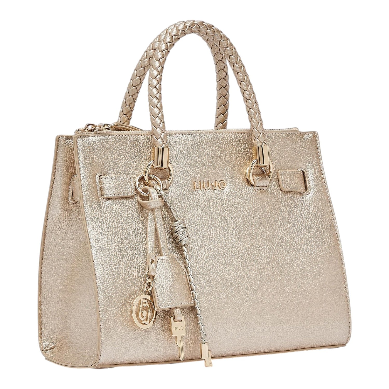 Lieblingstasche ECS Satchel S in metallic gold with braided handles and decorative gold-tone key charm
