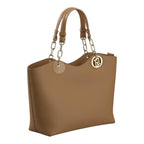 Lieblingstasche ECS Tote L in brown faux leather with gold chain handles and a circular logo charm.