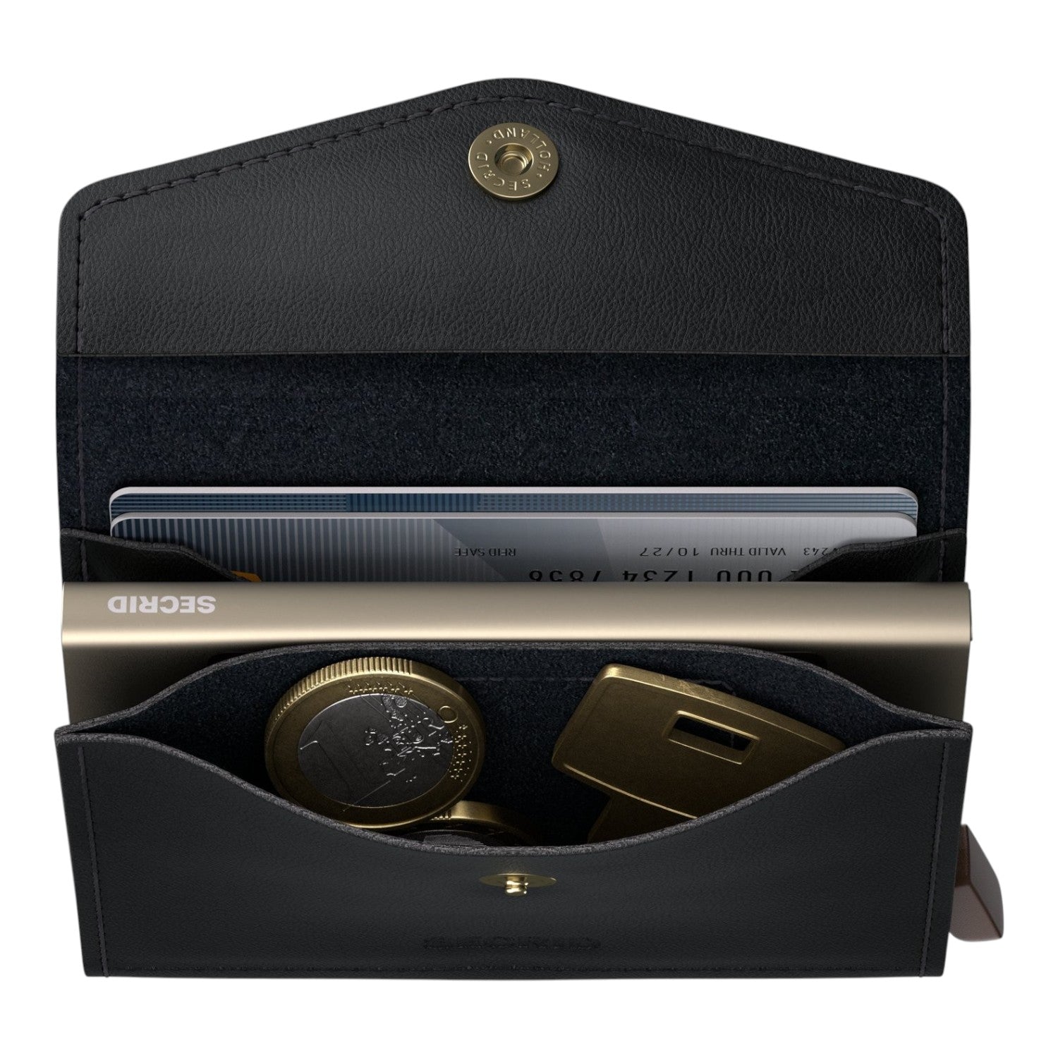 Lieblingstasche Envelope Original black leather wallet with gold card holder, coins, and key inside