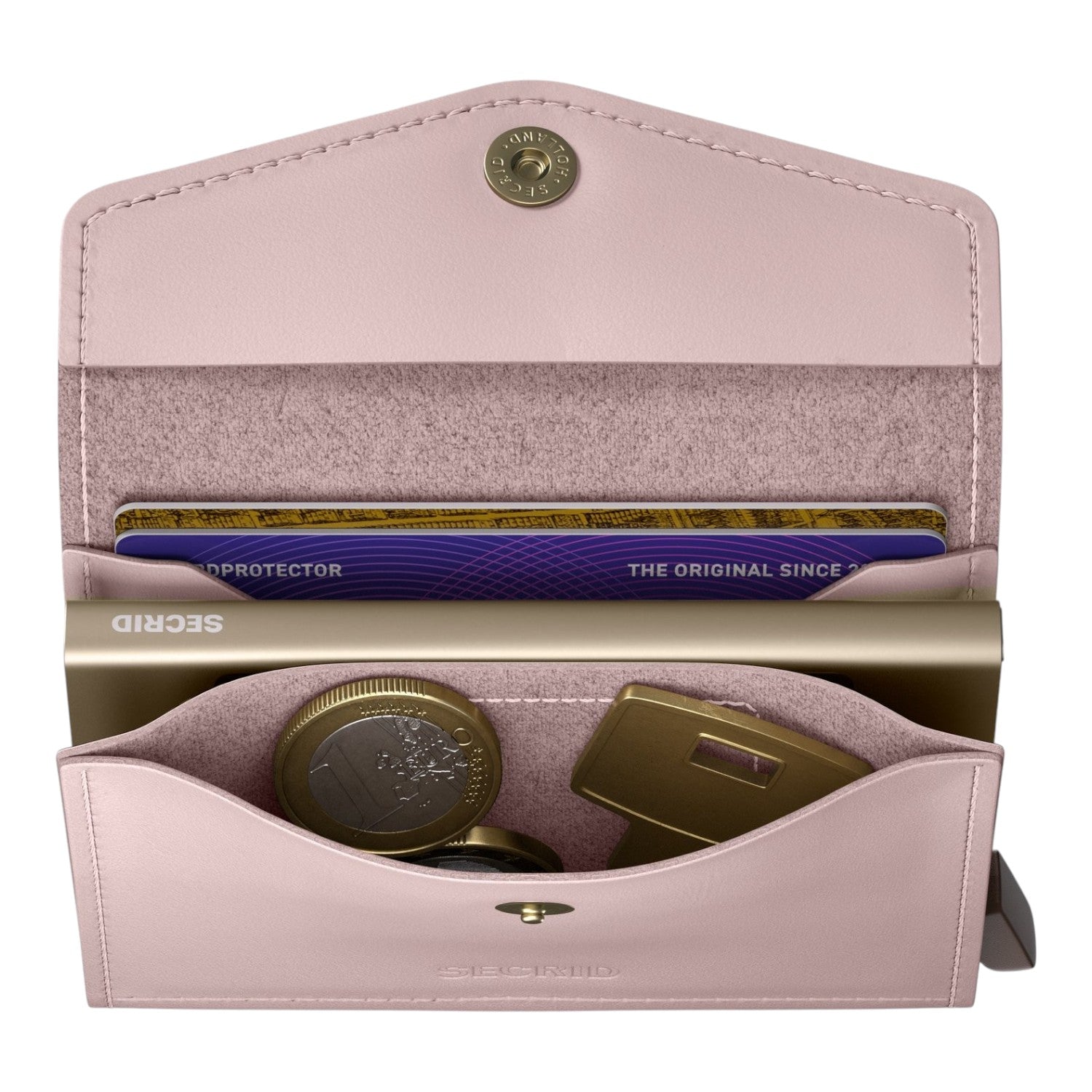 Lieblingstasche Envelope Original wallet in dusty pink leather with an open interior showing cards and coins.