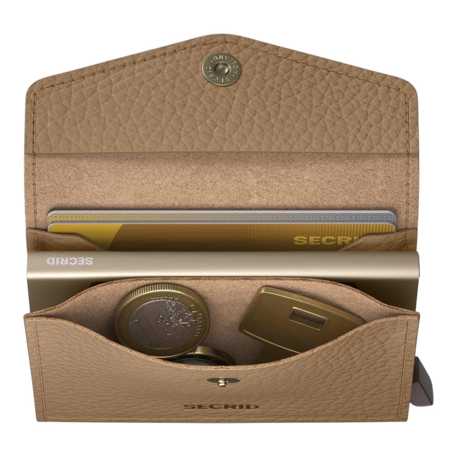 Lieblingstasche Envelope Pebble beige leather wallet with open flap showing card slots, coins, and a key