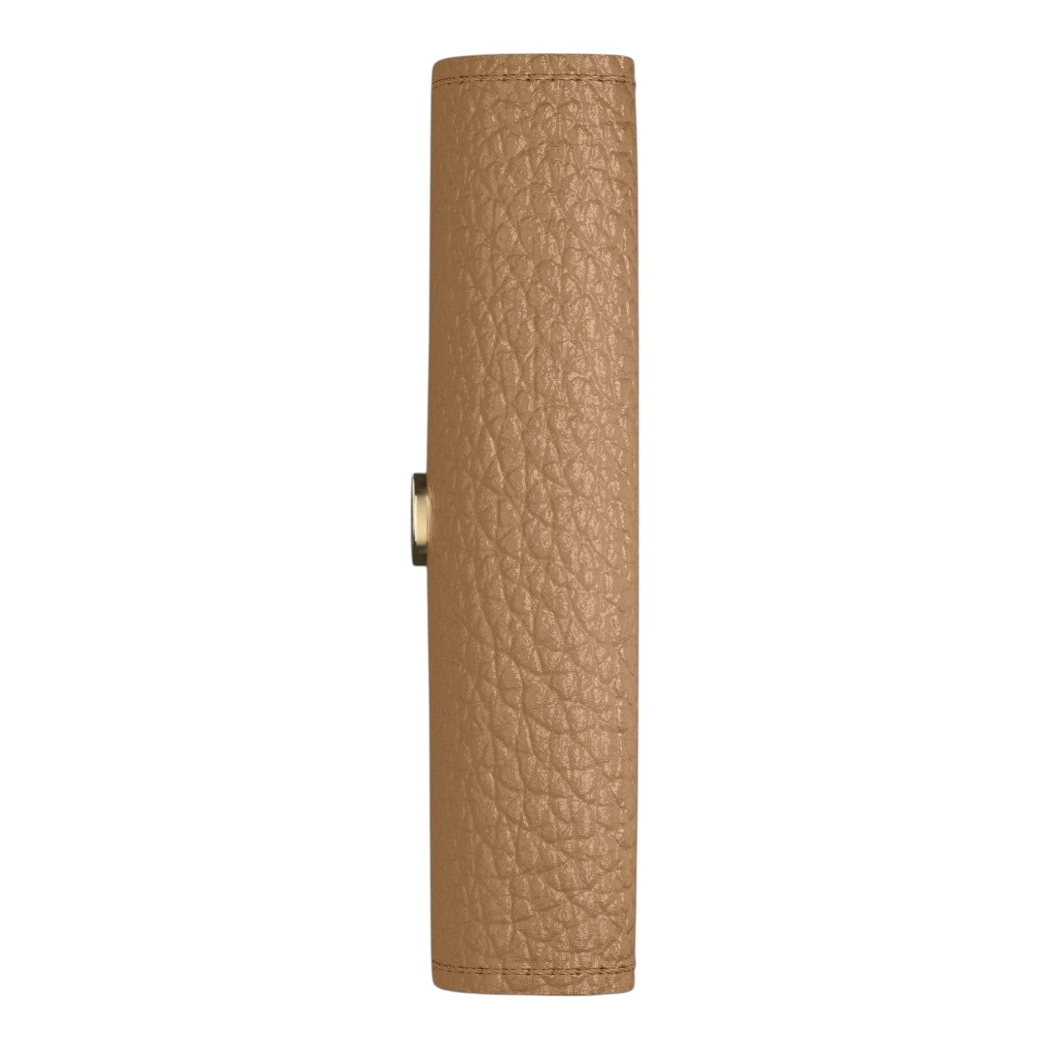 Lieblingstasche Envelope Pebble wallet in tan grained leather, side profile view with gold hardware detail.