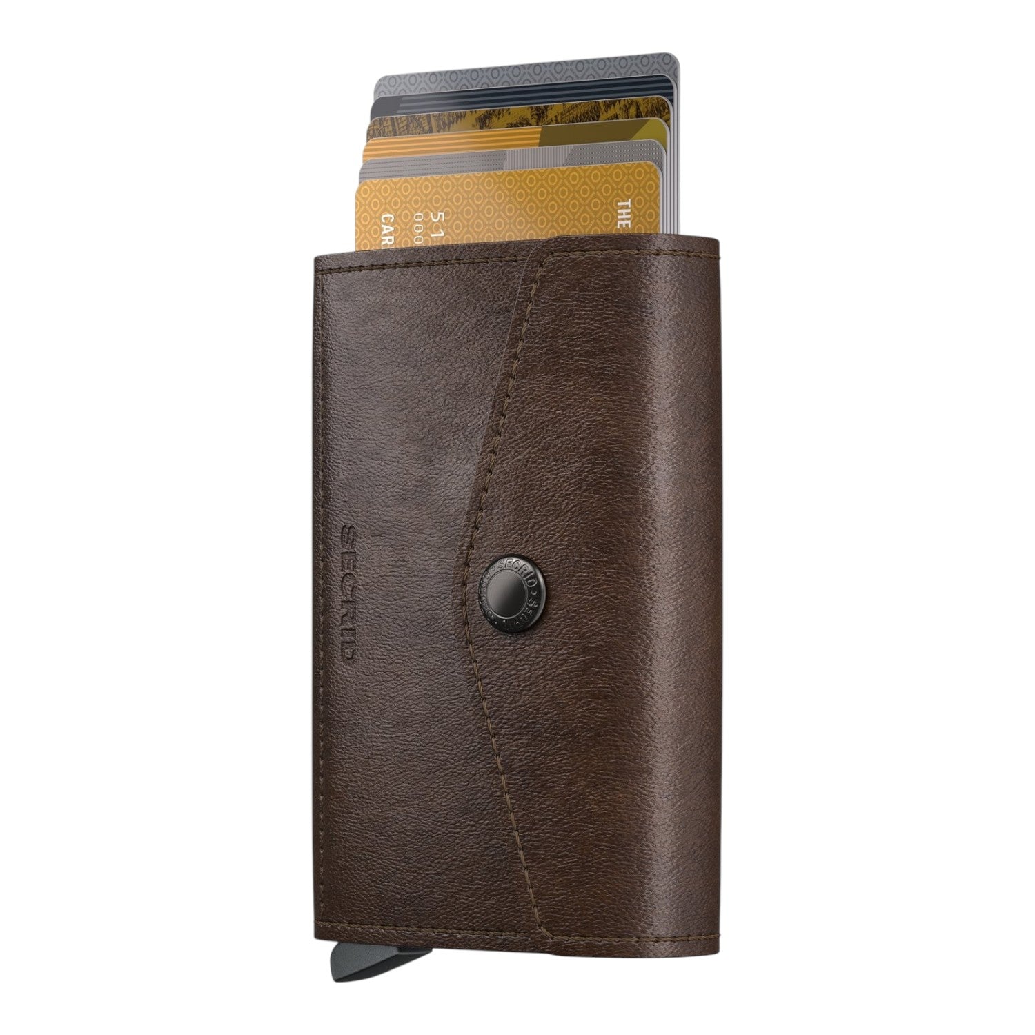 Lieblingstasche Envelope Vintage brown leather cardholder with snap button closure and credit cards inserted