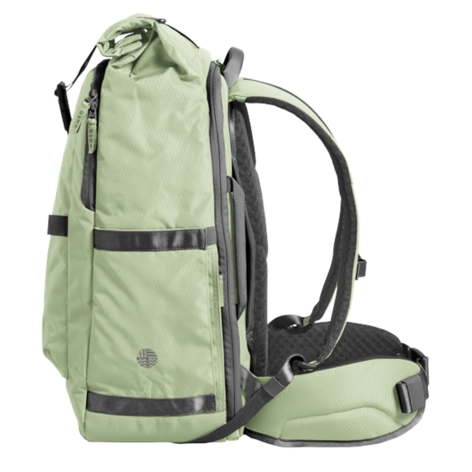 Lieblingstasche eoto Tall41 sage green rolltop travel backpack with padded shoulder straps and waist belt