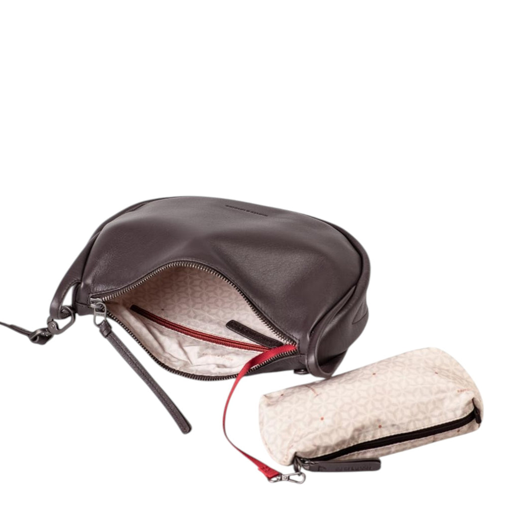 Lieblingstasche Fawn dark brown leather crossbody bag with an open interior and a matching patterned pouch