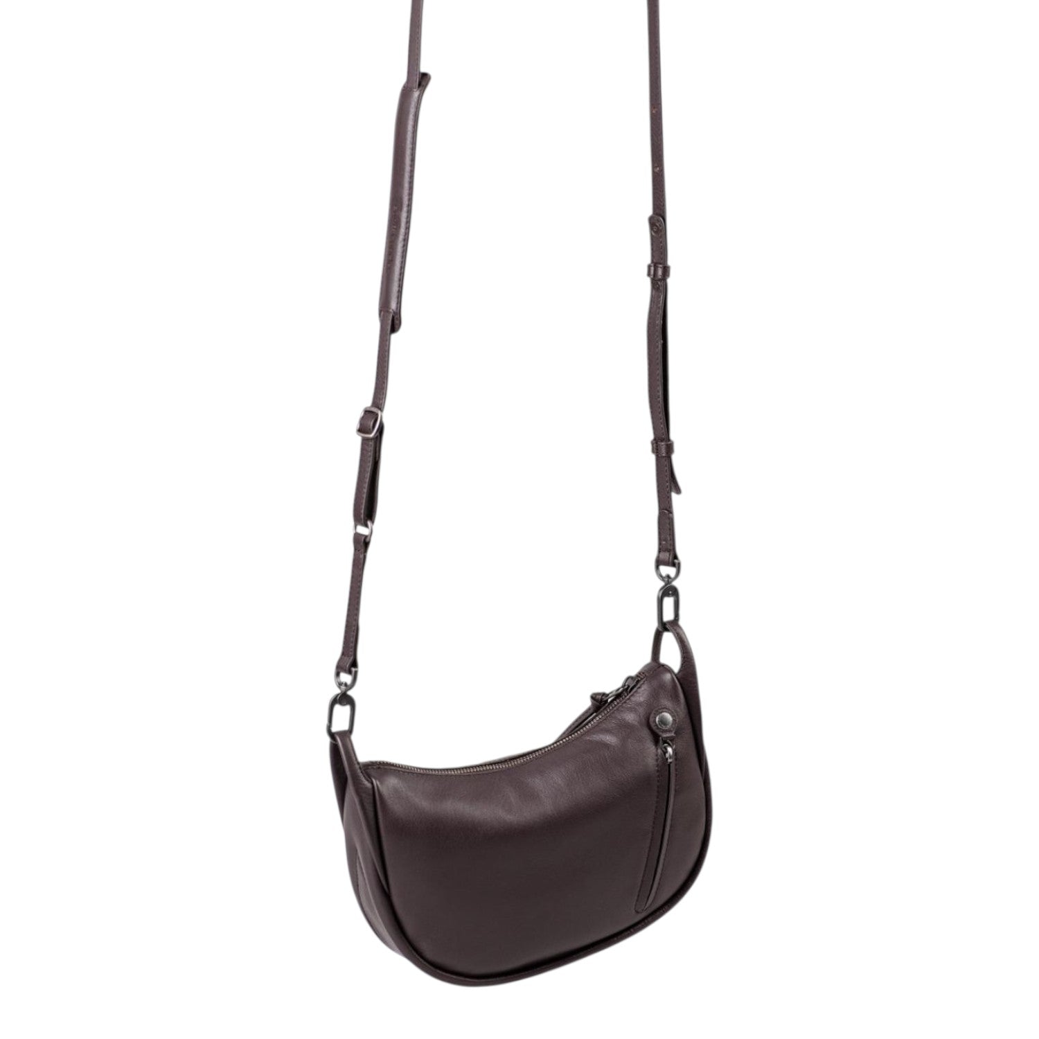 Lieblingstasche Fawn dark brown leather crossbody bag with a curved silhouette and adjustable shoulder strap.