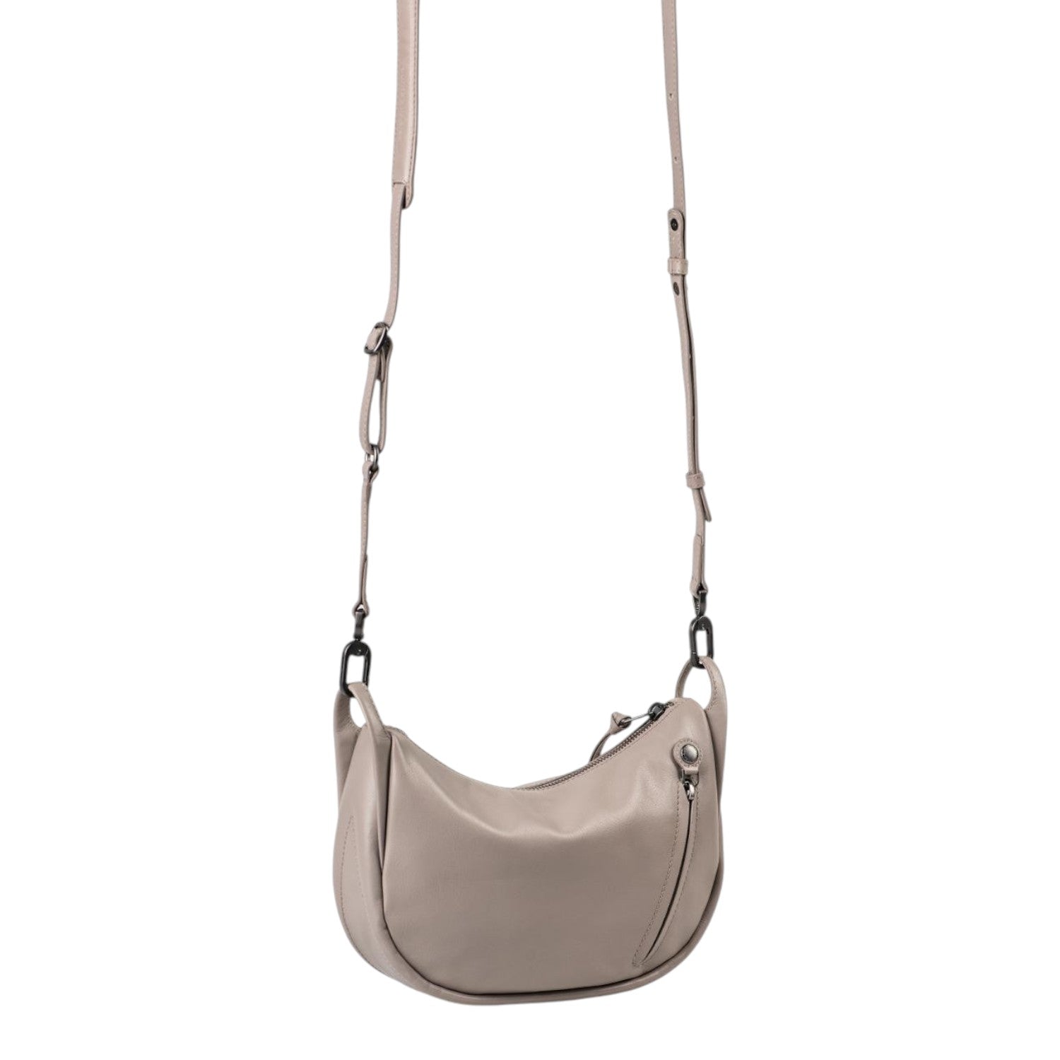 Lieblingstasche Fawn taupe leather crossbody bag with a curved silhouette, adjustable strap, and side zipper detail.