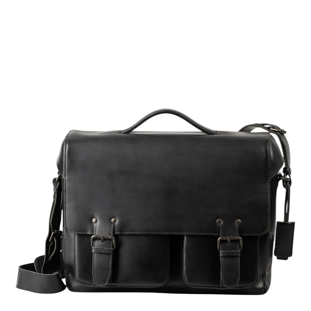 Lieblingstasche Finn black leather messenger bag with dual front buckles and top handle
