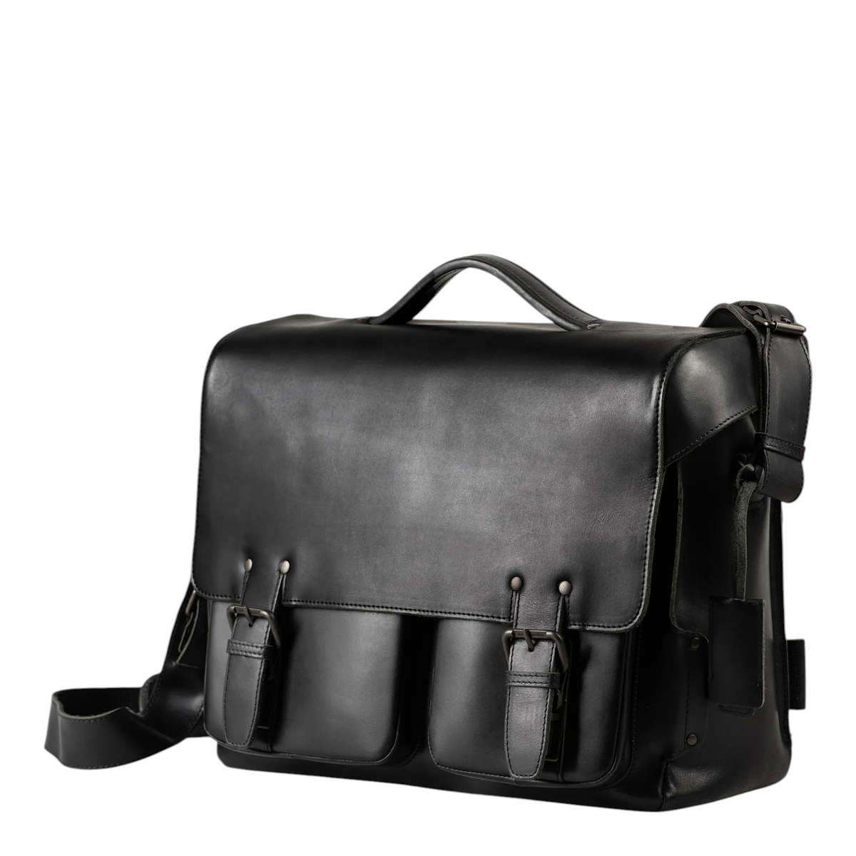 Lieblingstasche Finn black leather messenger bag with front pockets and buckle closures