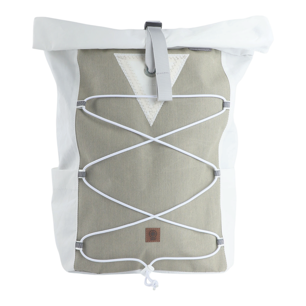 Lieblingstasche Fjord rolltop backpack in white and beige recycled sailcloth with a front bungee cord system