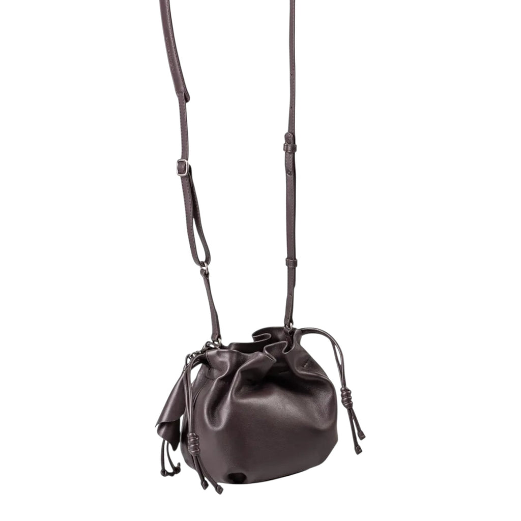 Lieblingstasche Fleur dark brown leather drawstring bucket bag with adjustable shoulder strap