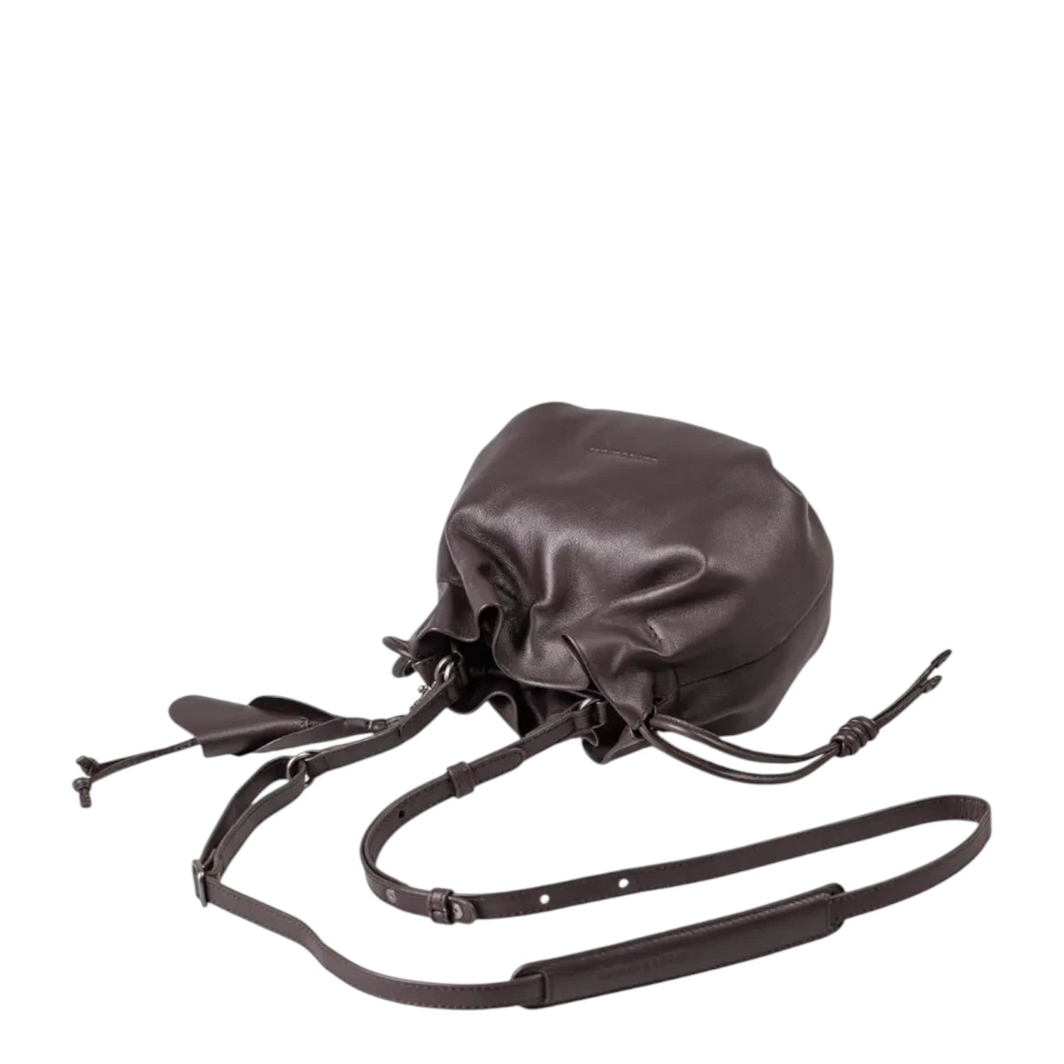 Lieblingstasche Fleur dark brown leather bucket bag with a drawstring closure and adjustable shoulder strap