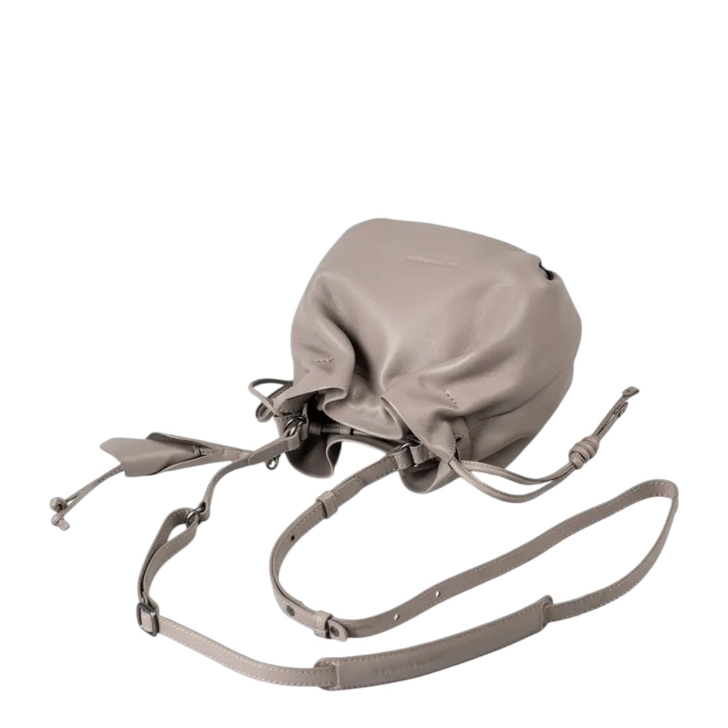 Lieblingstasche Fleur taupe leather bucket bag with a drawstring closure and adjustable shoulder strap