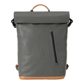 Lieblingstasche a/u by aunts & uncles Fukui grey rolltop backpack with tan leather details and front zip pocket.