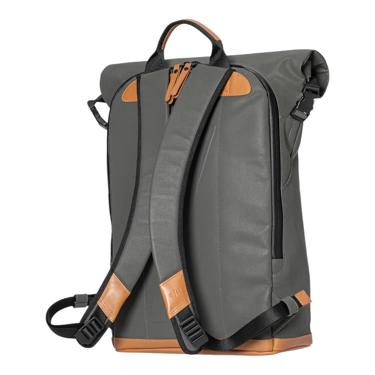 Lieblingstasche a/u by aunts & uncles Fukui grey rolltop backpack with tan leather details and padded shoulder straps.