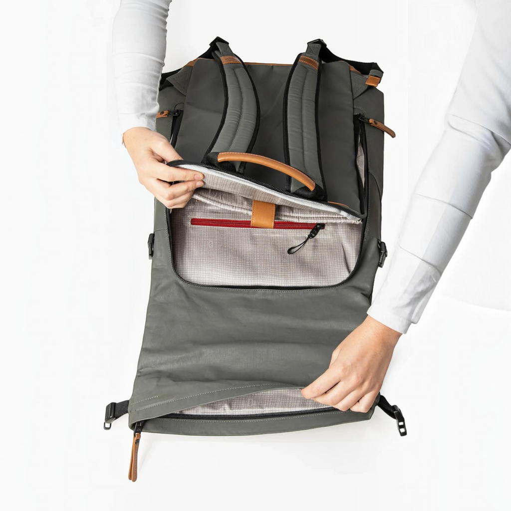 Lieblingstasche Fukui rolltop backpack in grey coated canvas with leather details and back zipper opening