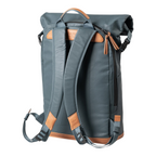 Lieblingstasche a/u by aunts & uncles Fukui rolltop backpack in grey coated canvas with tan leather details, back view.