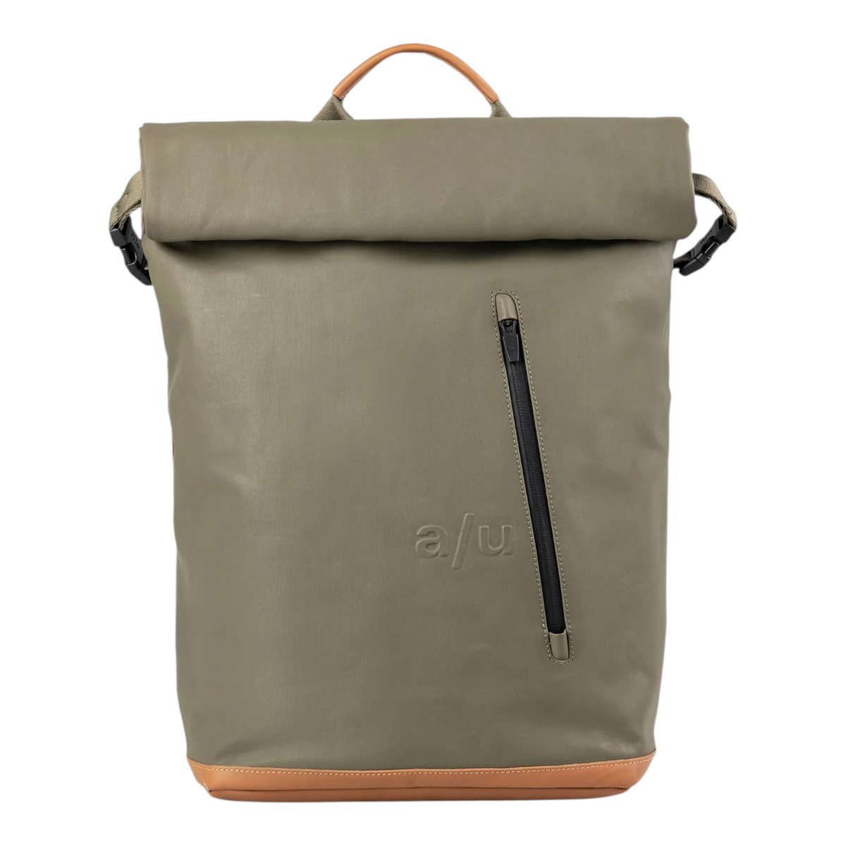 Lieblingstasche a/u by aunts & uncles Fukui rolltop backpack in olive green coated canvas with tan leather details.