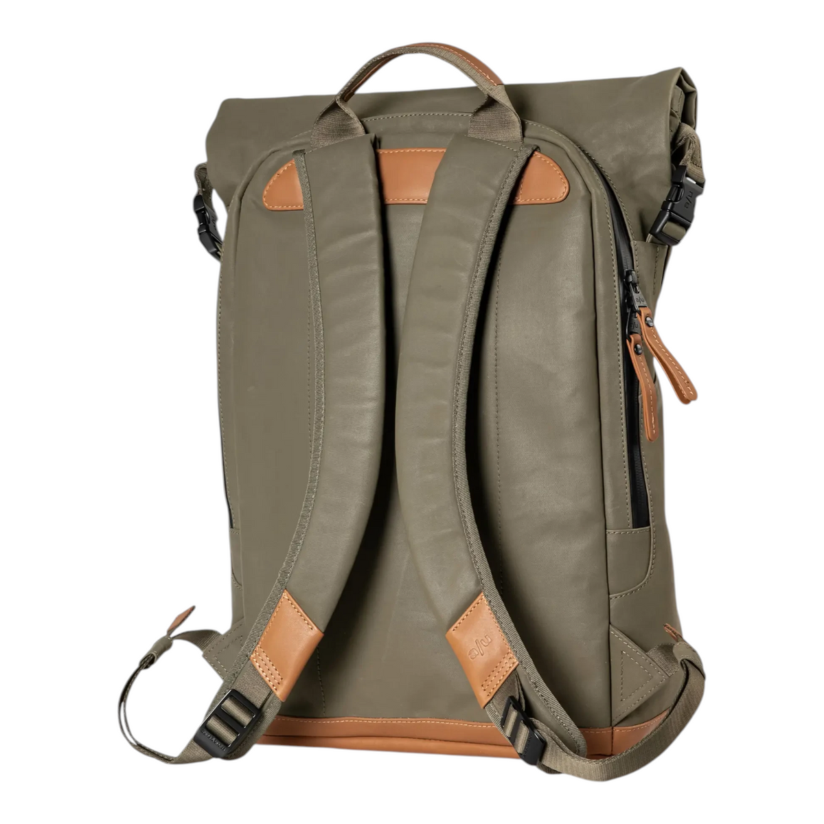 Lieblingstasche a/u by aunts & uncles Fukui rolltop backpack in olive green coated canvas with tan leather details.