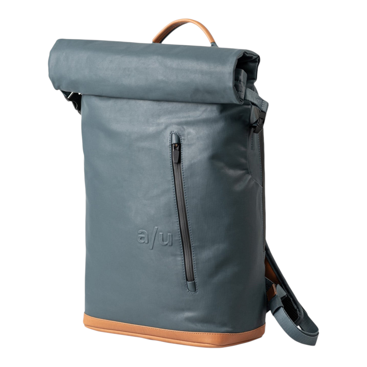 Lieblingstasche a/u by aunts & uncles Fukui rolltop backpack in blue coated canvas with brown leather accents
