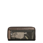 Lieblingstasche wallet in dark grey with abstract graphic print, zip-around closure, and front zippered pocket.