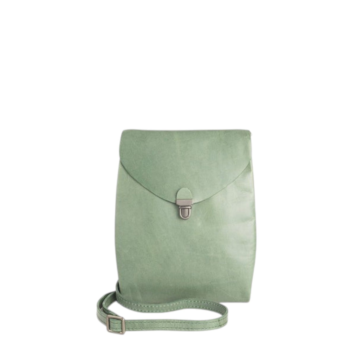 Lieblingstasche light green leather fold-over clutch handbag with silver clasp and adjustable strap.