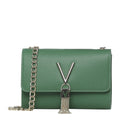 Lieblingstasche green pebbled leather crossbody bag with silver V logo and chain tassel detail.