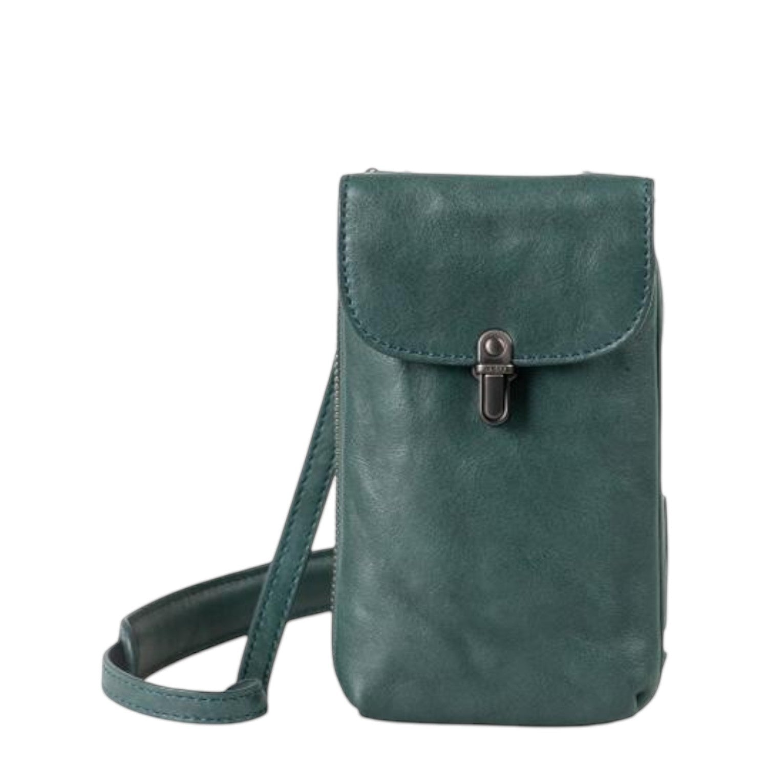 Lieblingstasche Mrs. Lemon Twist dark green leather crossbody phone bag with a secure metal clasp closure.