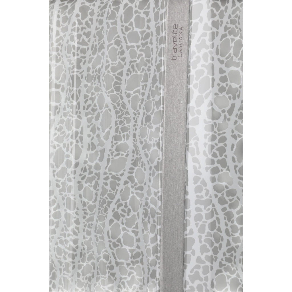 Lieblingstasche Lascana Edition 4W Trolley L, grey suitcase with a white abstract pattern and a brushed metal stripe.
