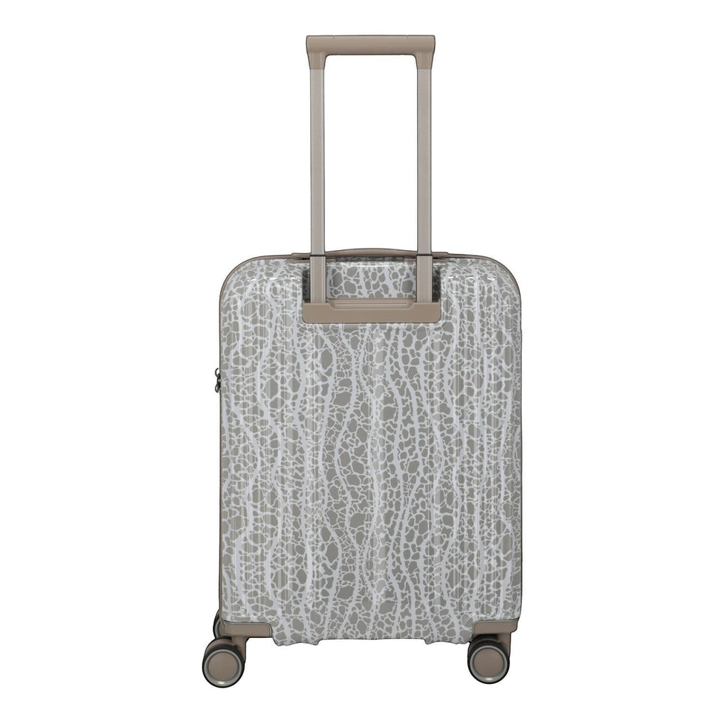 Lieblingstasche Edition 4W Trolley S, a small grey suitcase with a white abstract pattern and a retractable handle.