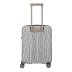Lieblingstasche Edition 4W Trolley S, a small grey suitcase with a white abstract pattern and a retractable handle.