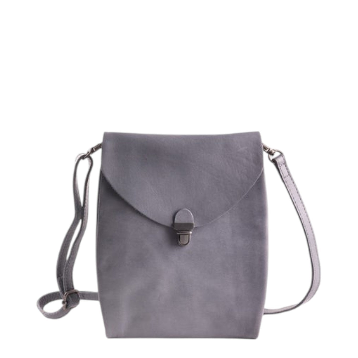 Lieblingstasche grey leather fold over flap crossbody bag with metal clasp closure.