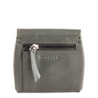 Lieblingstasche Fold Wallet S, grey leather wallet with zip pocket and tassel detail.