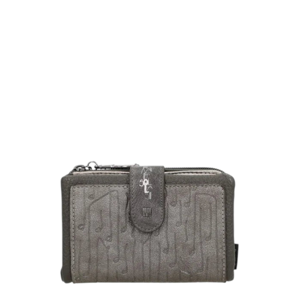 Lieblingstasche grey wallet with embossed musical note pattern and snap button closure