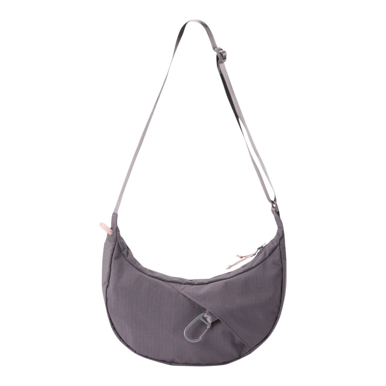 Lieblingstasche grey crescent-shaped nylon sling bag with an adjustable strap and silver carabiner detail