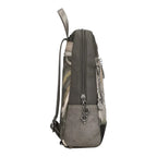 Lieblingstasche grey patterned backpack with side view showing zipper closure and decorative metal charms