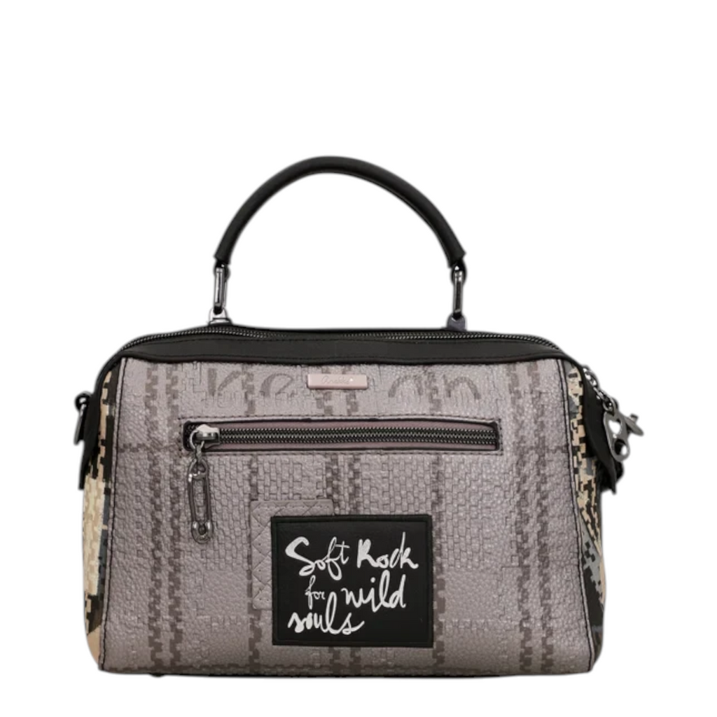 Lieblingstasche cross-body bag in grey with a patterned texture, black handle, and Soft Rock for wild souls patch.