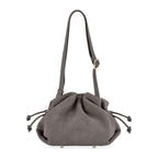 Lieblingstasche Cool Companion Suede S grey suede drawstring shoulder bag with adjustable strap and gold hardware