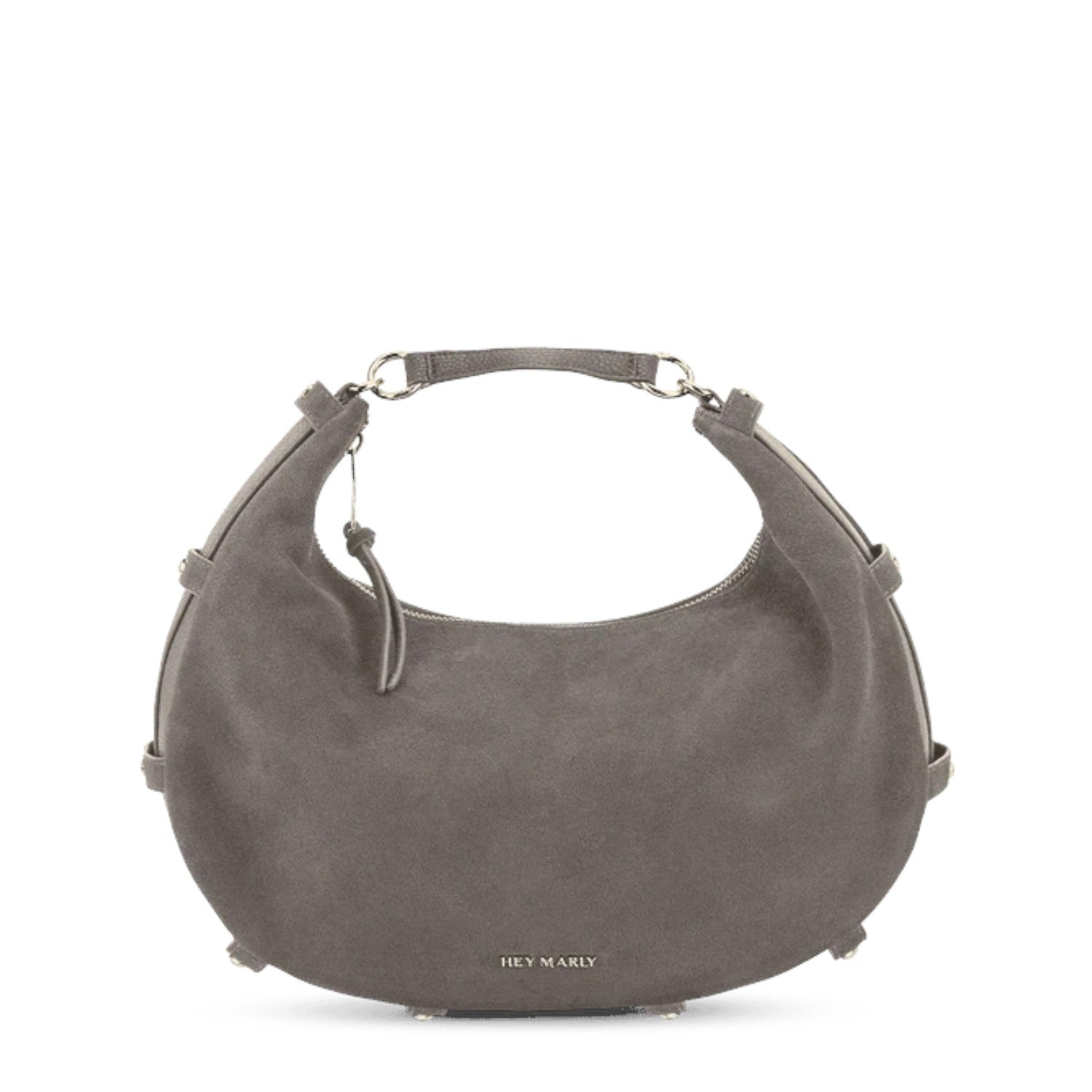 Lieblingstasche Lifetime Sister suede hobo bag in grey with a curved silhouette and silver hardware details.