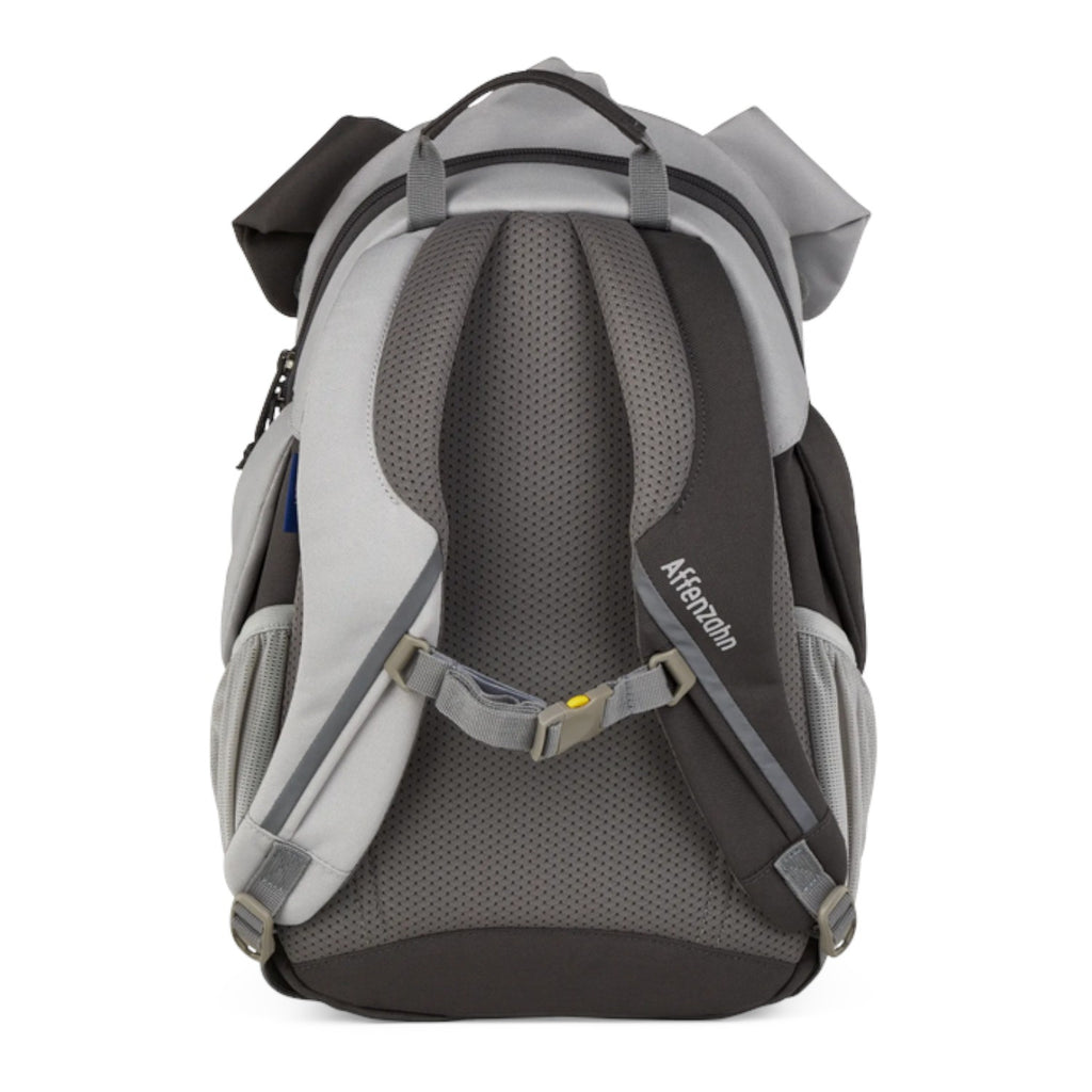 Lieblingstasche Großer Freund grey backpack with padded straps and mesh back panel, featuring elephant ear details.