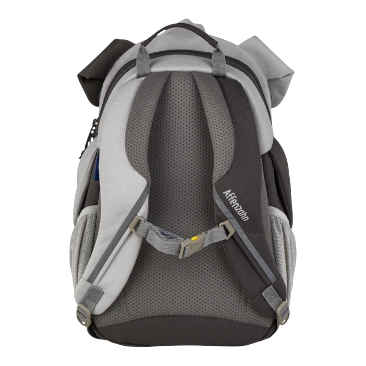 Lieblingstasche Großer Freund grey backpack with padded straps and mesh back panel, featuring elephant ear details.