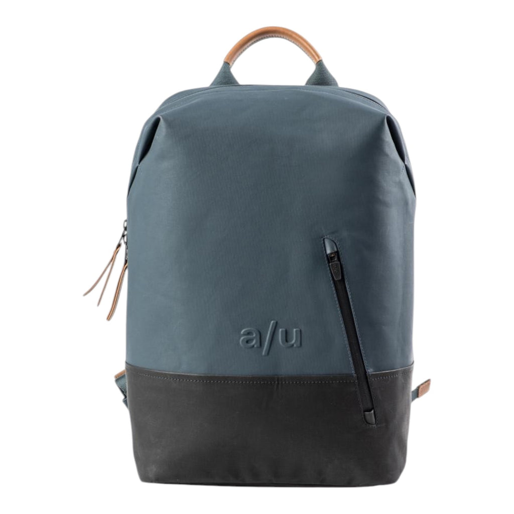 Lieblingstasche a/u by aunts & uncles Hamamatsu backpack in blue coated canvas with a black leather base and handle.